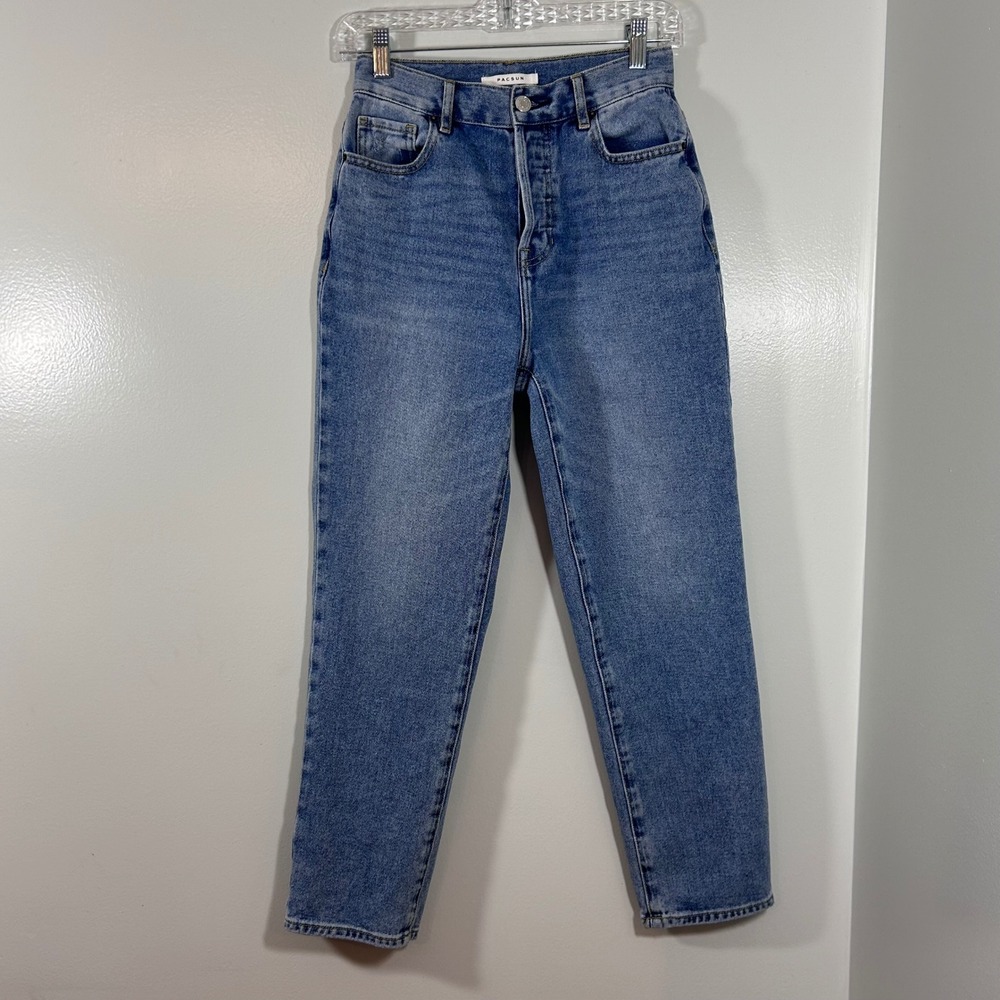 PacSun High Rise Straight Leg Blue Jeans Button Fly Size 25 Distressed Pocket